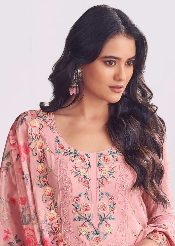 Buy Now Pink Chinnon Silk Thread & Mirror Palazzo Suit Online in US, UK, Canada, Germany, Italy, France, Austria, Australia, Denmark & Worldwide at Empress.