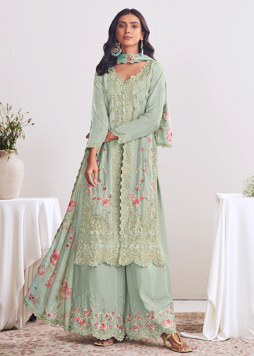 Buy Now Green Chinnon Silk Thread & Mirror Palazzo Suit Online in US, UK, Canada, Germany, Italy, France, Austria, Australia, Denmark & Worldwide at Empress.