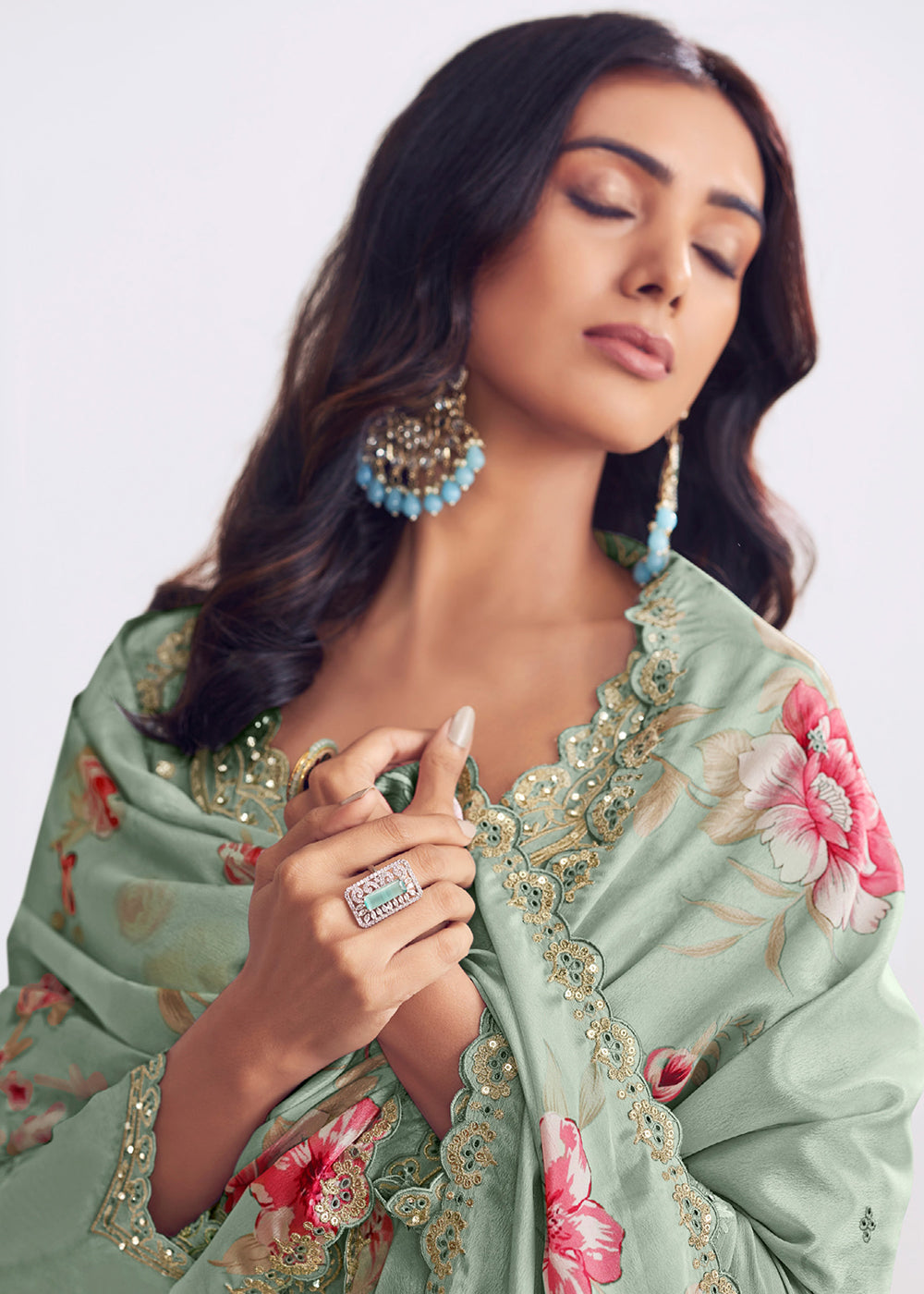 Buy Now Green Chinnon Silk Thread & Mirror Palazzo Suit Online in US, UK, Canada, Germany, Italy, France, Austria, Australia, Denmark & Worldwide at Empress.