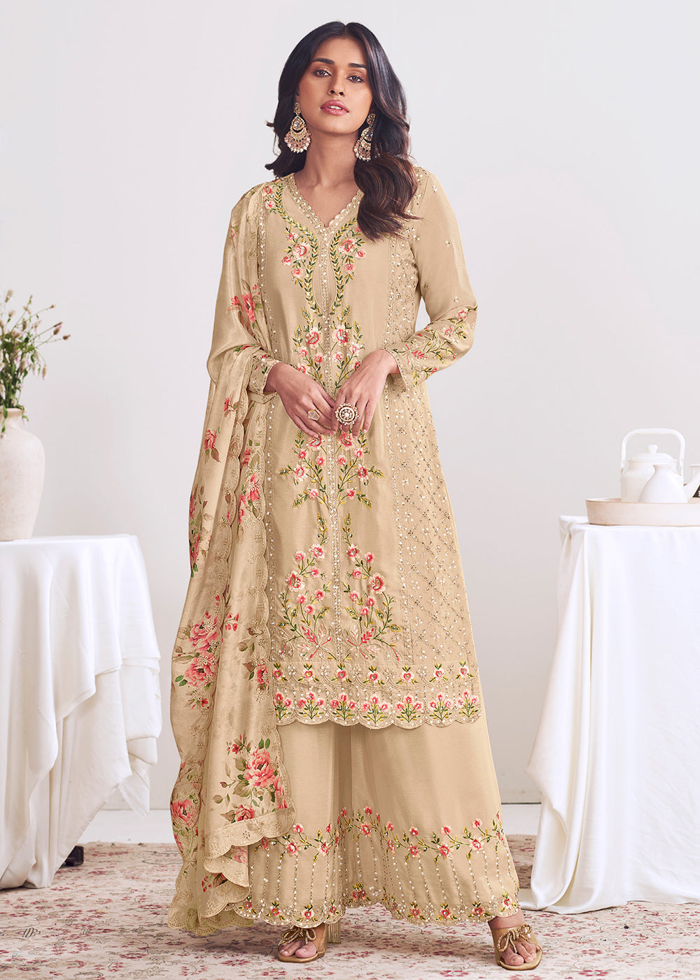 Buy Now Beige Chinnon Silk Thread & Mirror Palazzo Suit Online in US, UK, Canada, Germany, Italy, France, Austria, Australia, Denmark & Worldwide at Empress.