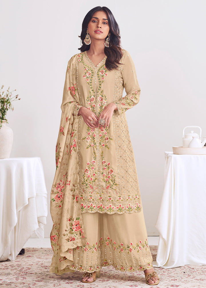 Buy Now Beige Chinnon Silk Thread & Mirror Palazzo Suit Online in US, UK, Canada, Germany, Italy, France, Austria, Australia, Denmark & Worldwide at Empress.