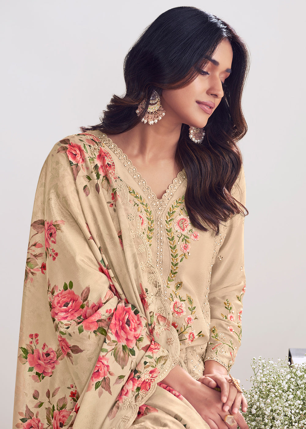 Buy Now Beige Chinnon Silk Thread & Mirror Palazzo Suit Online in US, UK, Canada, Germany, Italy, France, Austria, Australia, Denmark & Worldwide at Empress.