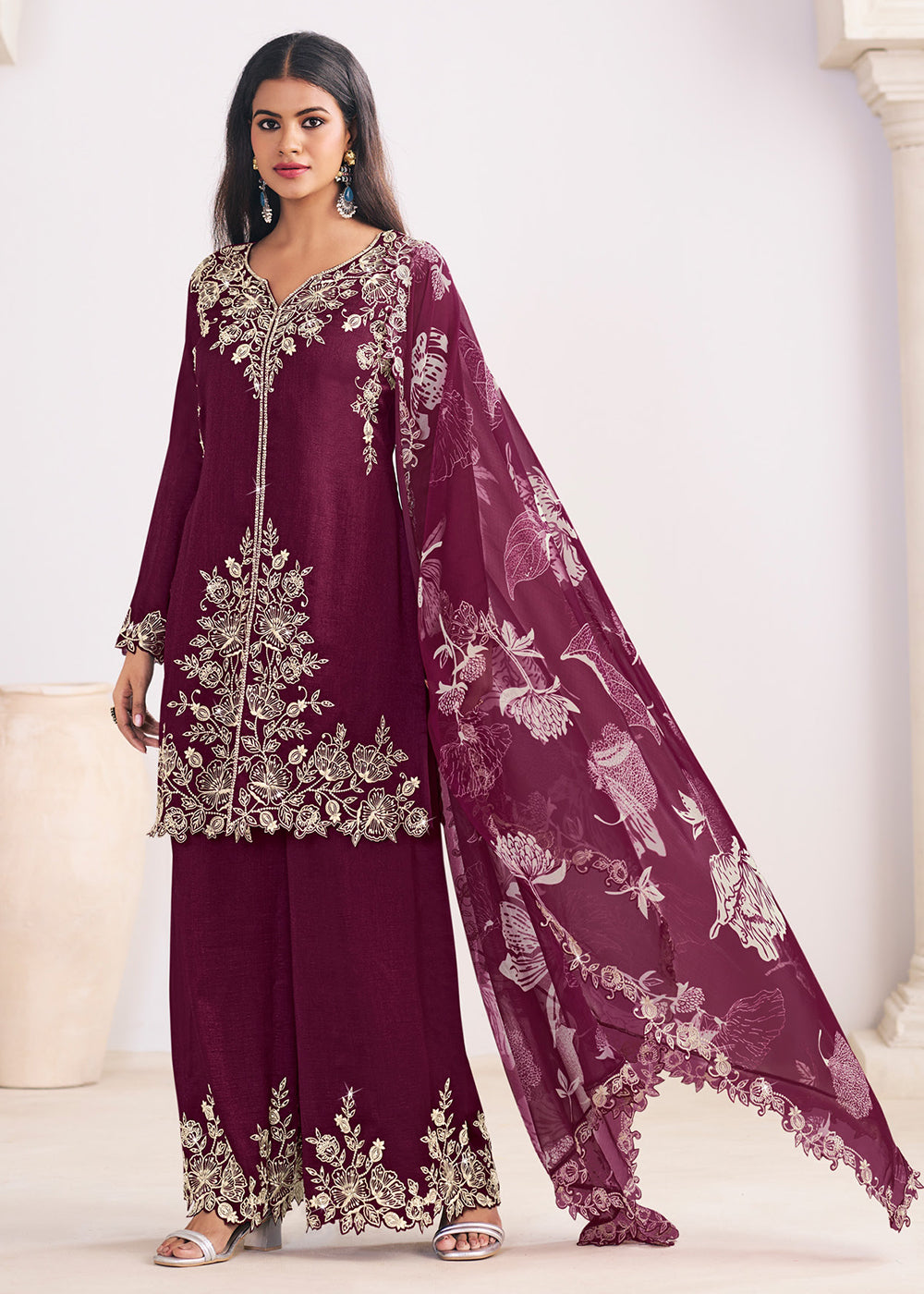 Buy Now Heavy Premium Silk Burgundy Festive Palazzo Suit Online in Newark, Yorktown, Toronto, London, Orlando, Munich, Chicago, Utah & Worldwide at Empress.
