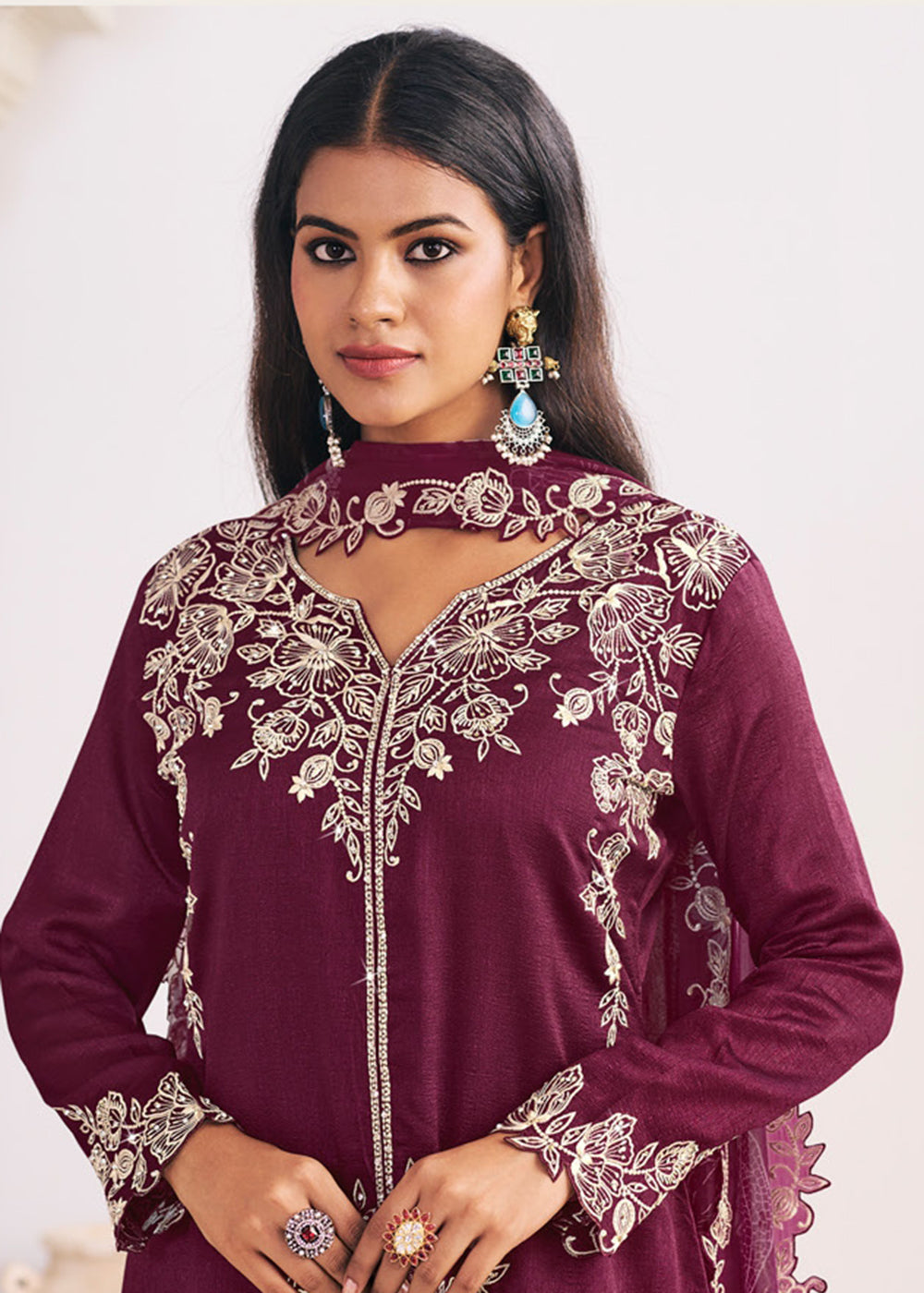 Buy Now Heavy Premium Silk Burgundy Festive Palazzo Suit Online in Newark, Yorktown, Toronto, London, Orlando, Munich, Chicago, Utah & Worldwide at Empress.