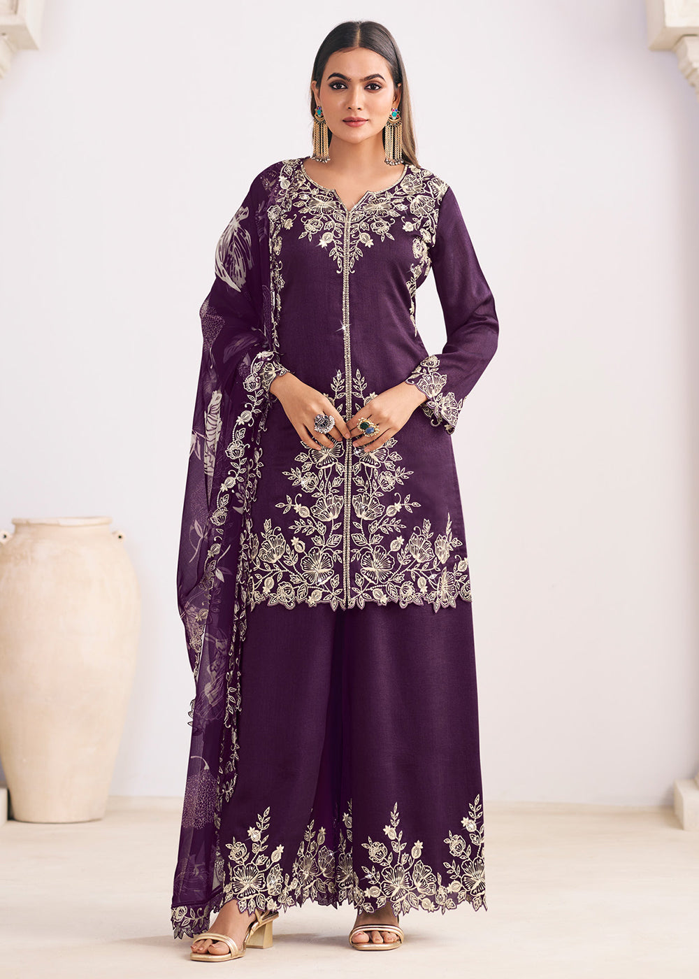 Buy Now Heavy Premium Silk Purple Festive Palazzo Suit Online in Newark, Yorktown, Toronto, London, Orlando, Munich, Chicago, Utah & Worldwide at Empress.