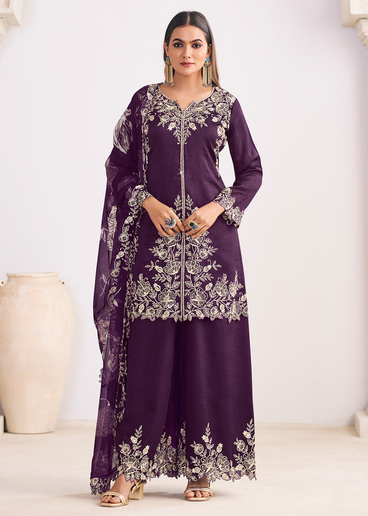 Buy Now Heavy Premium Silk Purple Festive Palazzo Suit Online in Newark, Yorktown, Toronto, London, Orlando, Munich, Chicago, Utah & Worldwide at Empress.