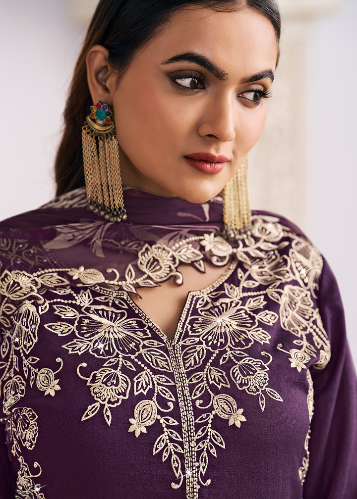 Buy Now Heavy Premium Silk Purple Festive Palazzo Suit Online in Newark, Yorktown, Toronto, London, Orlando, Munich, Chicago, Utah & Worldwide at Empress.