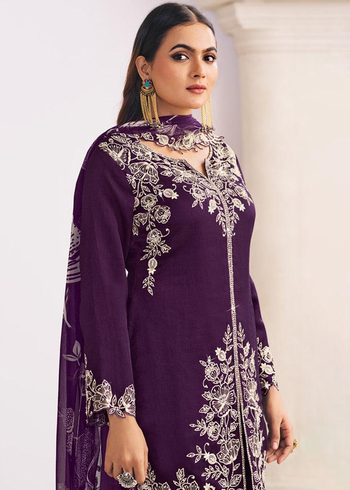 Buy Now Heavy Premium Silk Purple Festive Palazzo Suit Online in Newark, Yorktown, Toronto, London, Orlando, Munich, Chicago, Utah & Worldwide at Empress.