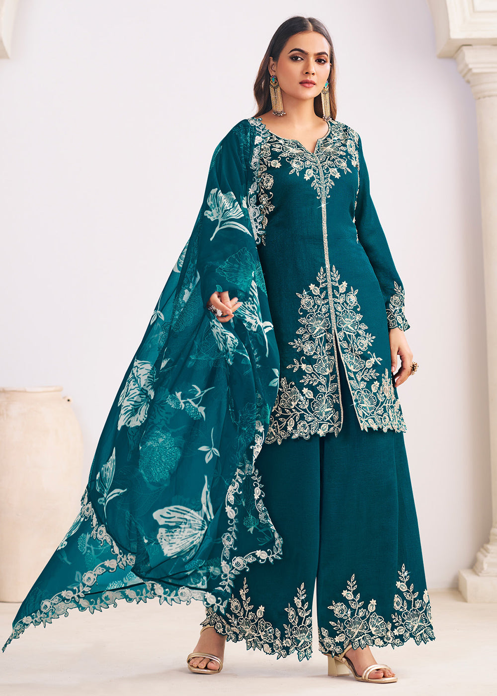Buy Now Heavy Premium Silk Teal Green Festive Palazzo Suit Online in Newark, Yorktown, Toronto, London, Orlando, Munich, Chicago, Utah & Worldwide at Empress.