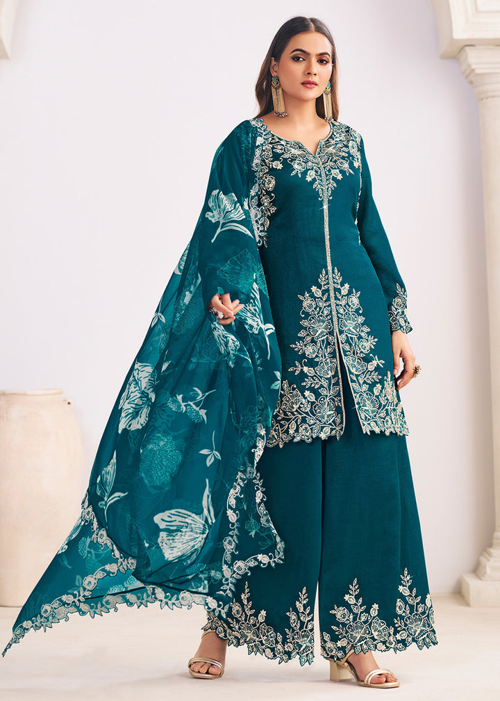 Buy Now Heavy Premium Silk Teal Green Festive Palazzo Suit Online in Newark, Yorktown, Toronto, London, Orlando, Munich, Chicago, Utah & Worldwide at Empress.