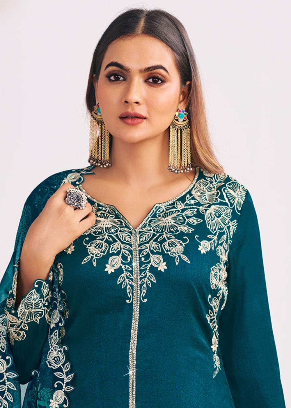 Buy Now Heavy Premium Silk Teal Green Festive Palazzo Suit Online in Newark, Yorktown, Toronto, London, Orlando, Munich, Chicago, Utah & Worldwide at Empress.