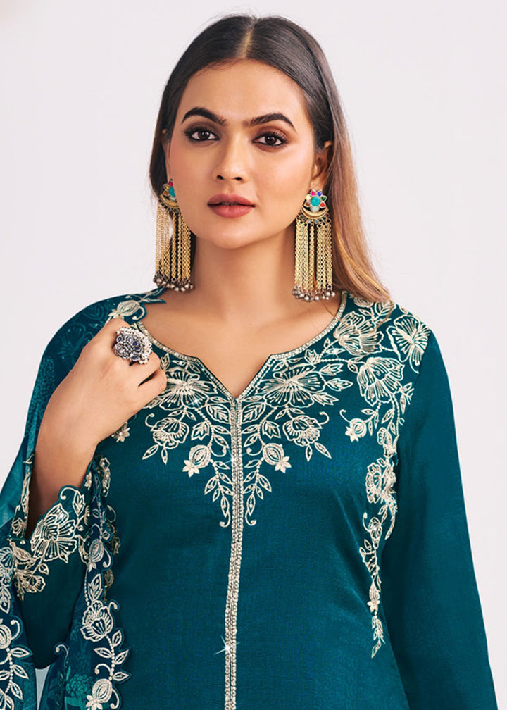 Buy Now Heavy Premium Silk Teal Green Festive Palazzo Suit Online in Newark, Yorktown, Toronto, London, Orlando, Munich, Chicago, Utah & Worldwide at Empress.