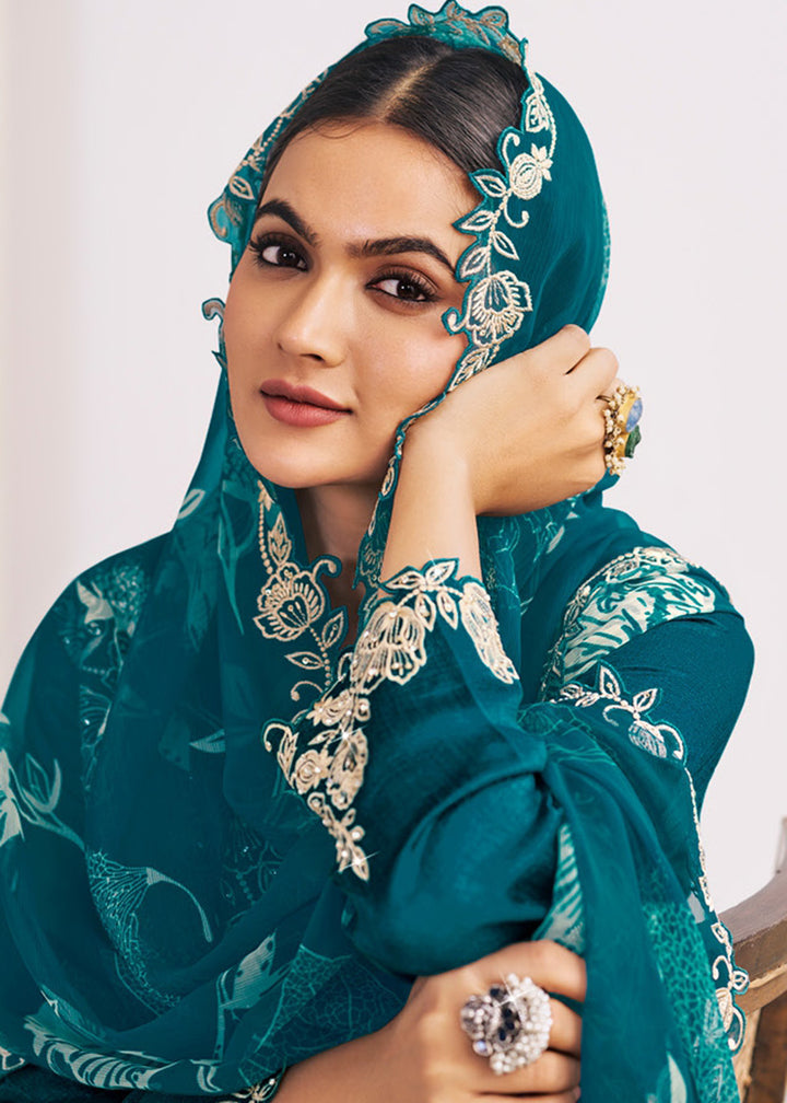 Buy Now Heavy Premium Silk Teal Green Festive Palazzo Suit Online in Newark, Yorktown, Toronto, London, Orlando, Munich, Chicago, Utah & Worldwide at Empress.