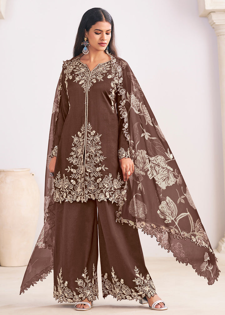 Buy Now Heavy Premium Silk Brown Festive Palazzo Suit Online in Newark, Yorktown, Toronto, London, Orlando, Munich, Chicago, Utah, Dubai & Worldwide at Empress.