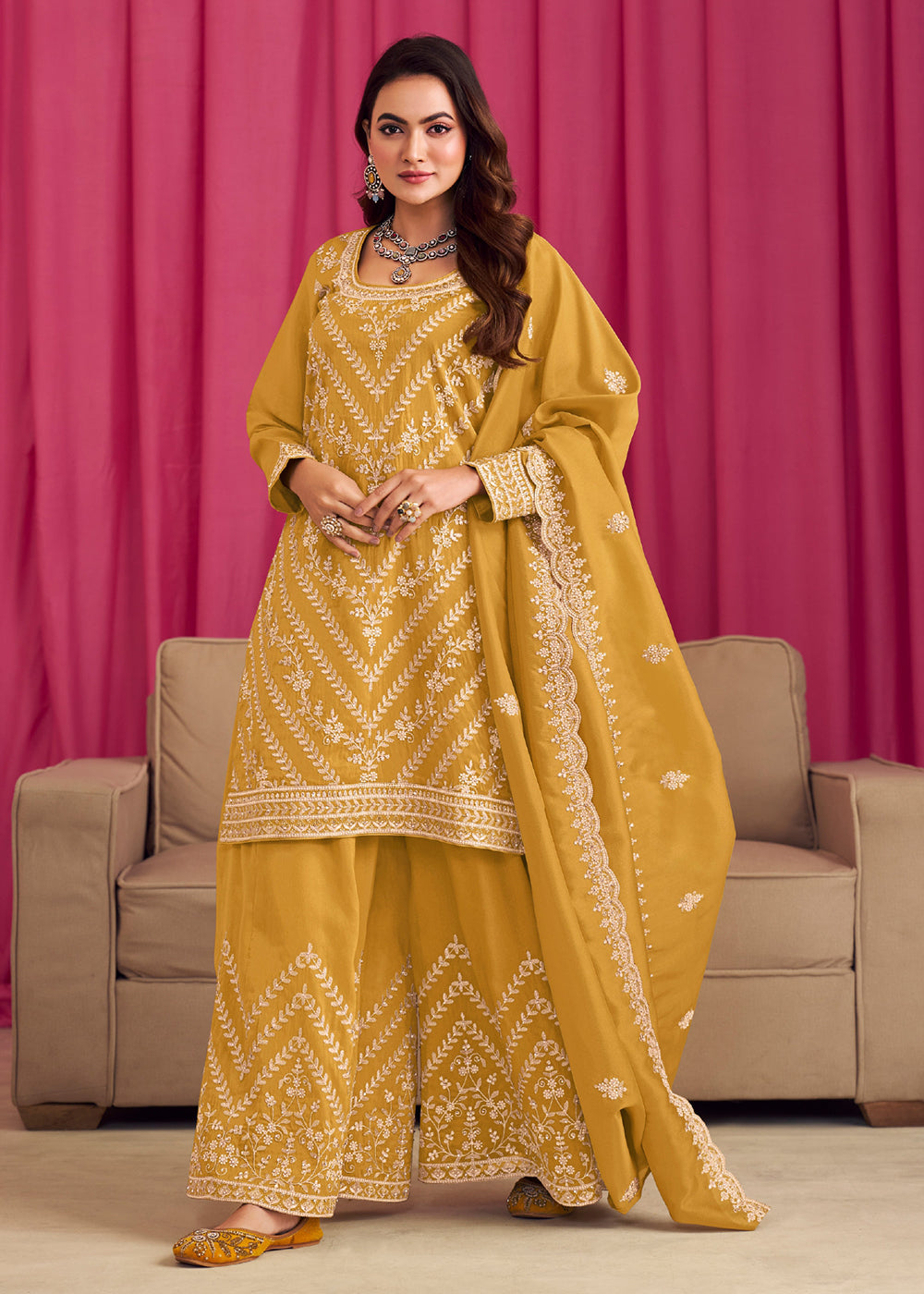 Buy Now Yellow Threads & Diamond Work Festive Palazzo Suit Online in Newark, Yorktown, Toronto, London, Orlando, Munich, Chicago, Utah & Worldwide at Empress.
