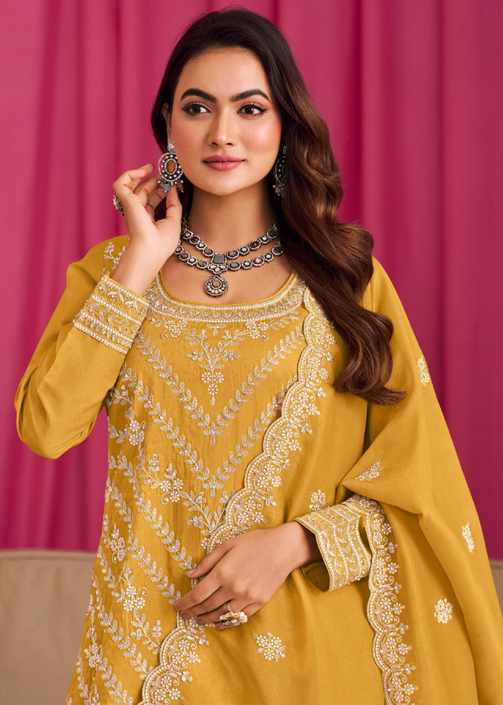 Buy Now Yellow Threads & Diamond Work Festive Palazzo Suit Online in Newark, Yorktown, Toronto, London, Orlando, Munich, Chicago, Utah & Worldwide at Empress.