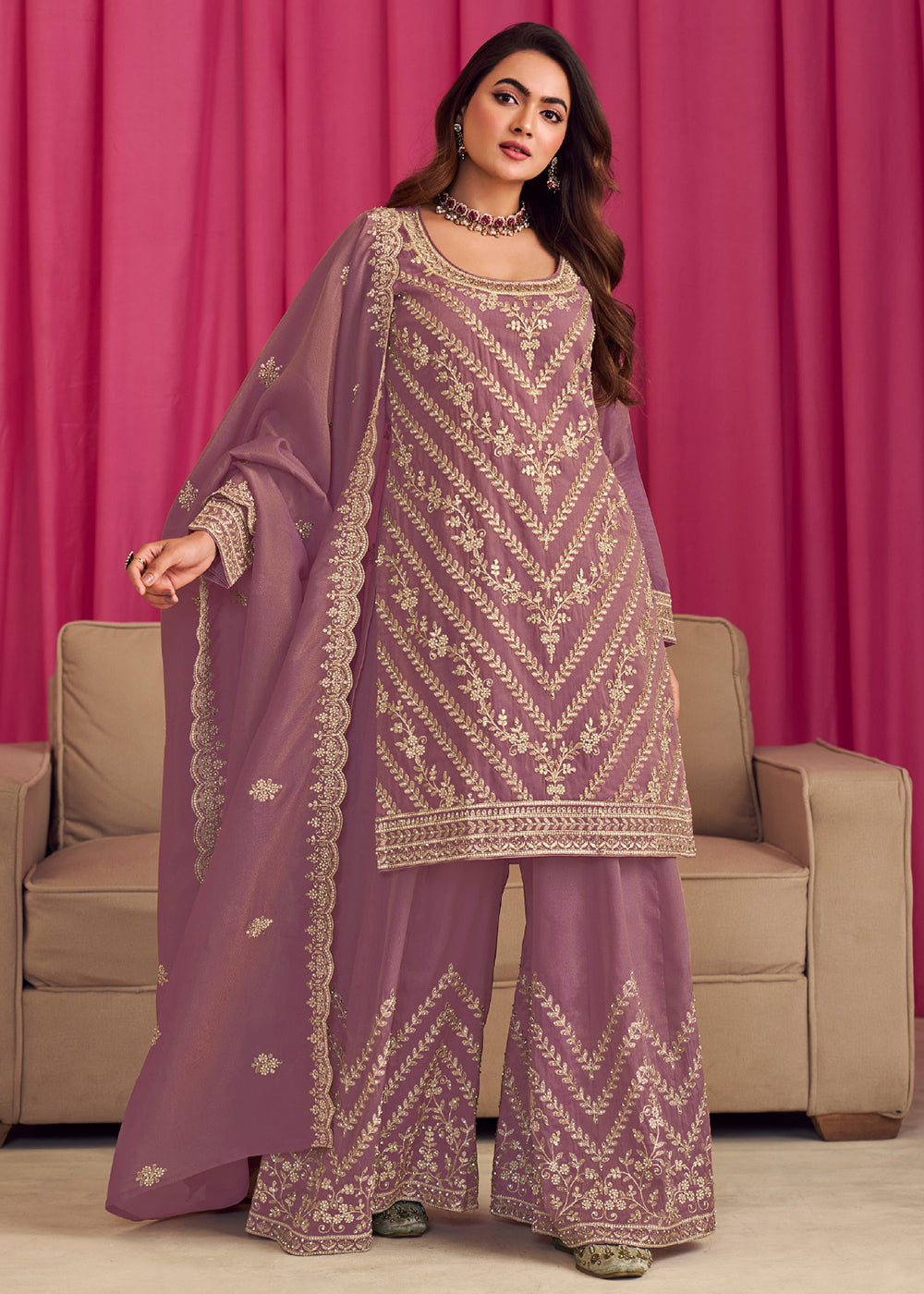 Buy Now Purple Threads & Diamond Work Festive Palazzo Suit Online in Newark, Yorktown, Toronto, London, Orlando, Munich, Chicago, Utah & Worldwide at Empress.