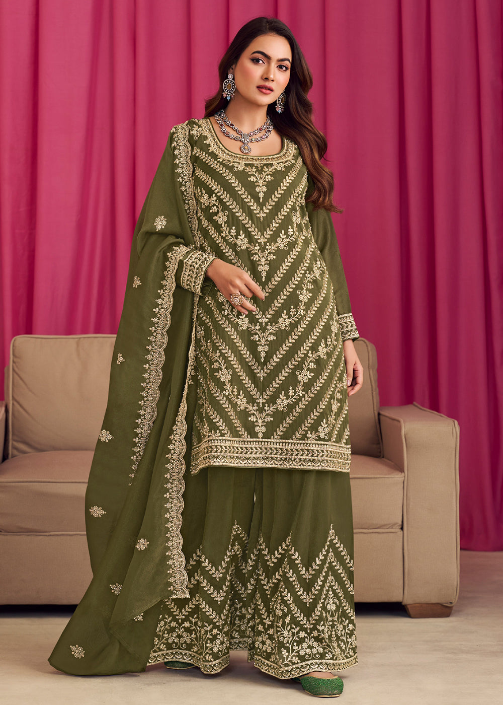 Buy Now Green Threads & Diamond Work Festive Palazzo Suit Online in Newark, Yorktown, Toronto, London, Orlando, Munich, Chicago, Utah & Worldwide at Empress.