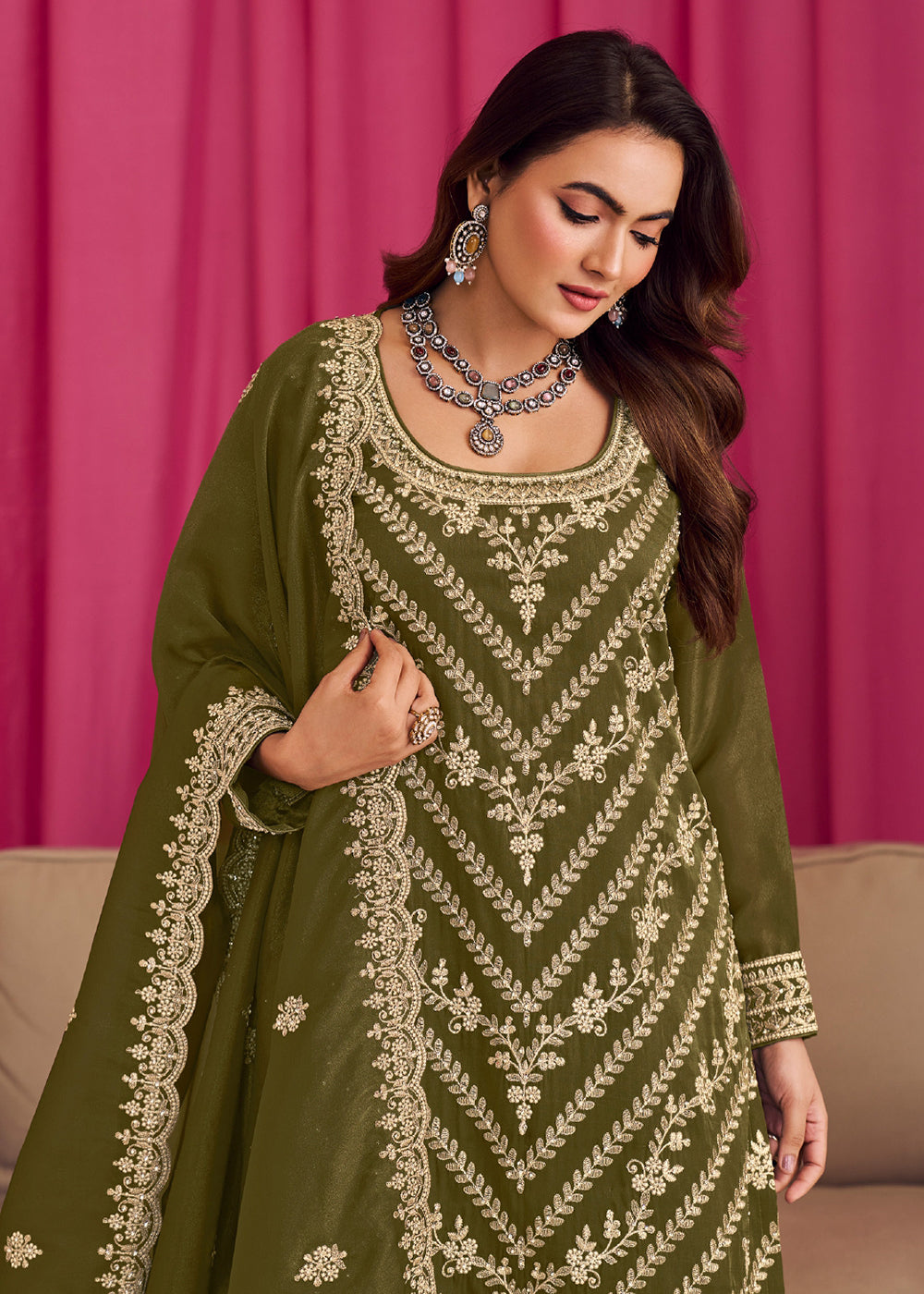 Buy Now Green Threads & Diamond Work Festive Palazzo Suit Online in Newark, Yorktown, Toronto, London, Orlando, Munich, Chicago, Utah & Worldwide at Empress.