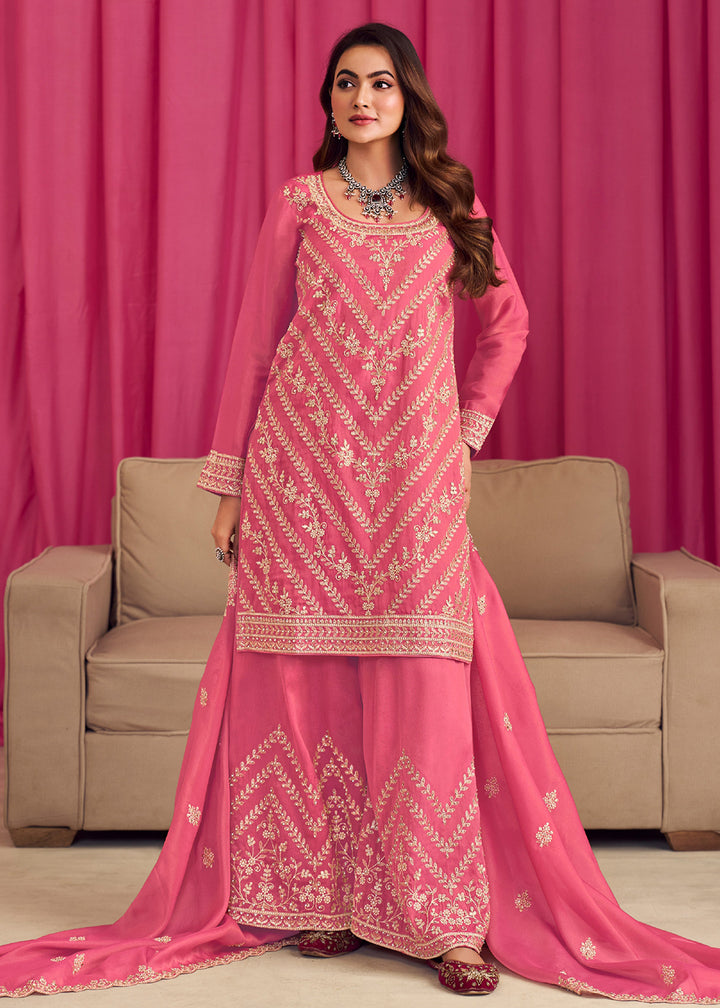 Buy Now Pink Threads & Diamond Work Festive Palazzo Suit Online in Newark, Yorktown, Toronto, London, Orlando, Munich, Chicago, Utah & Worldwide at Empress.