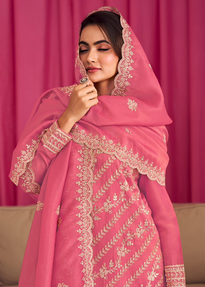 Buy Now Pink Threads & Diamond Work Festive Palazzo Suit Online in Newark, Yorktown, Toronto, London, Orlando, Munich, Chicago, Utah & Worldwide at Empress.