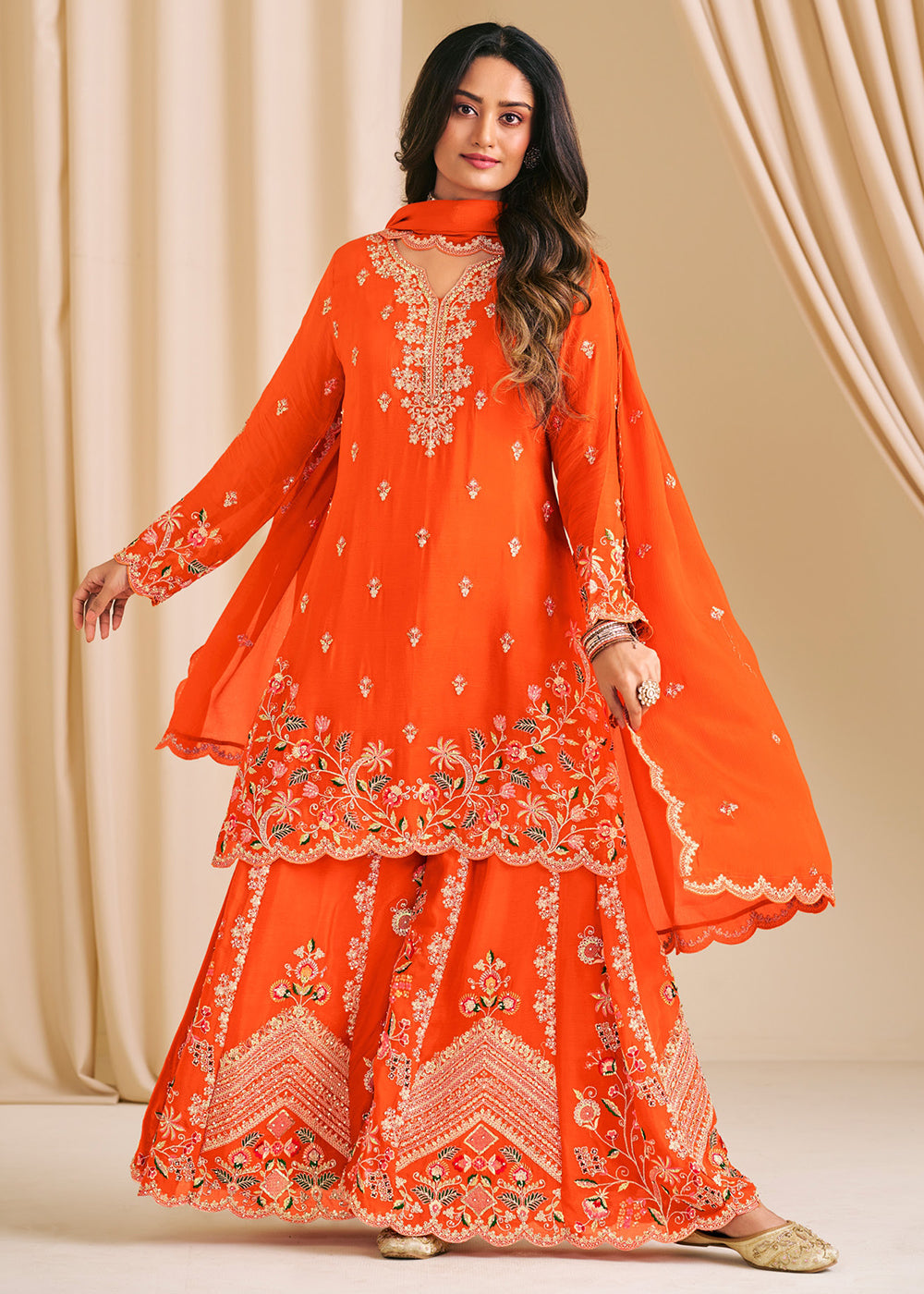 Buy Now Festive Orange Embroidered Flared Palazzo Suit Online in Newark, Yorktown, Toronto, London, Orlando, Munich, Chicago, New York & Worldwide at Empress.