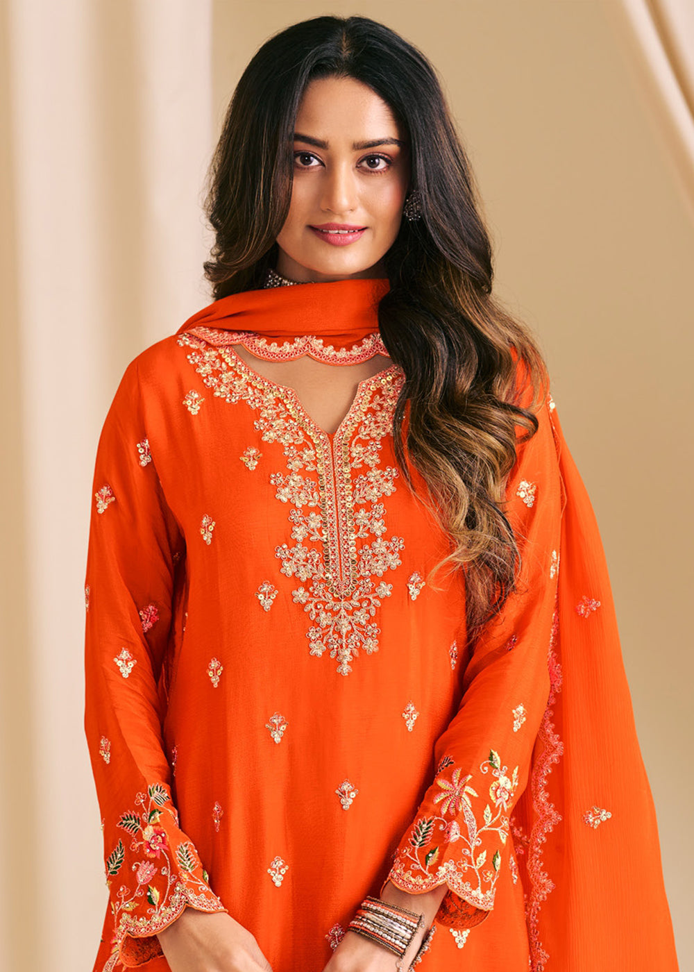 Buy Now Festive Orange Embroidered Flared Palazzo Suit Online in Newark, Yorktown, Toronto, London, Orlando, Munich, Chicago, New York & Worldwide at Empress.
