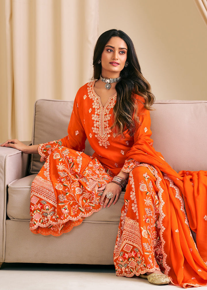 Buy Now Festive Orange Embroidered Flared Palazzo Suit Online in Newark, Yorktown, Toronto, London, Orlando, Munich, Chicago, New York & Worldwide at Empress.