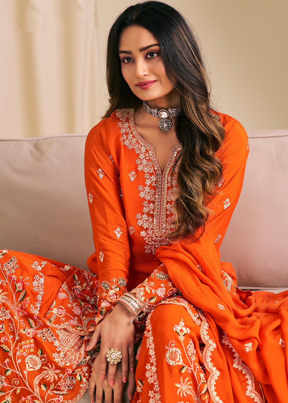 Buy Now Festive Orange Embroidered Flared Palazzo Suit Online in Newark, Yorktown, Toronto, London, Orlando, Munich, Chicago, New York & Worldwide at Empress.