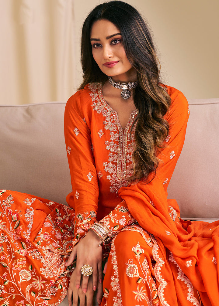 Buy Now Festive Orange Embroidered Flared Palazzo Suit Online in Newark, Yorktown, Toronto, London, Orlando, Munich, Chicago, New York & Worldwide at Empress.