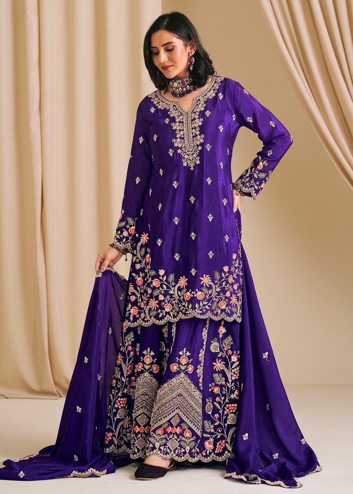 Buy Now Festive Purple Embroidered Flared Palazzo Suit Online in Newark, Yorktown, Toronto, London, Orlando, Munich, Chicago, New York & Worldwide at Empress.