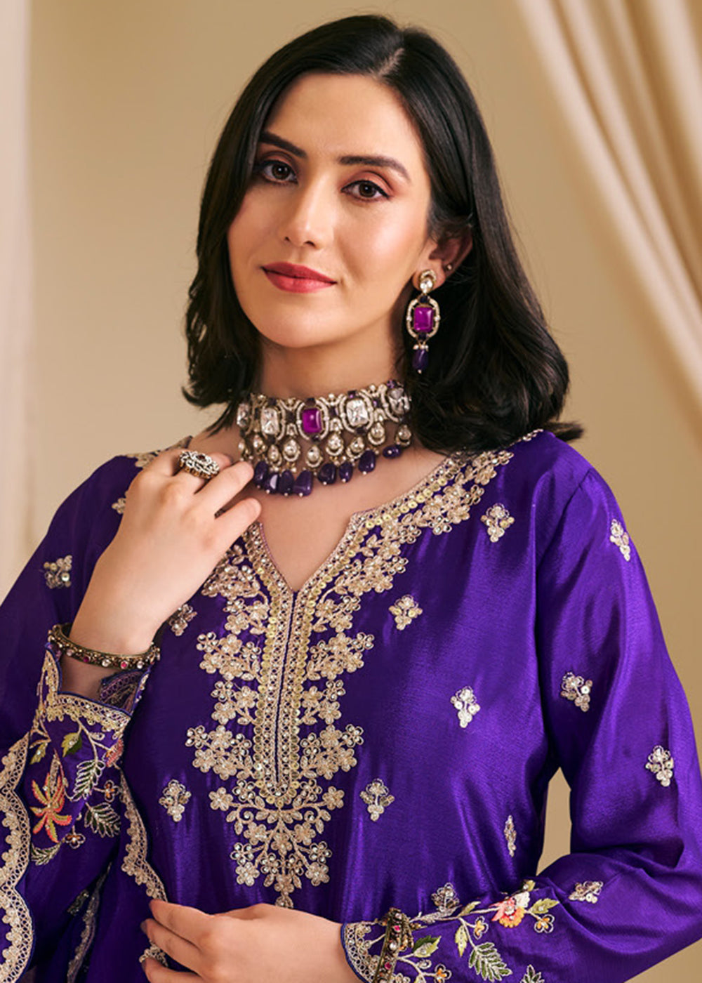 Buy Now Festive Purple Embroidered Flared Palazzo Suit Online in Newark, Yorktown, Toronto, London, Orlando, Munich, Chicago, New York & Worldwide at Empress.