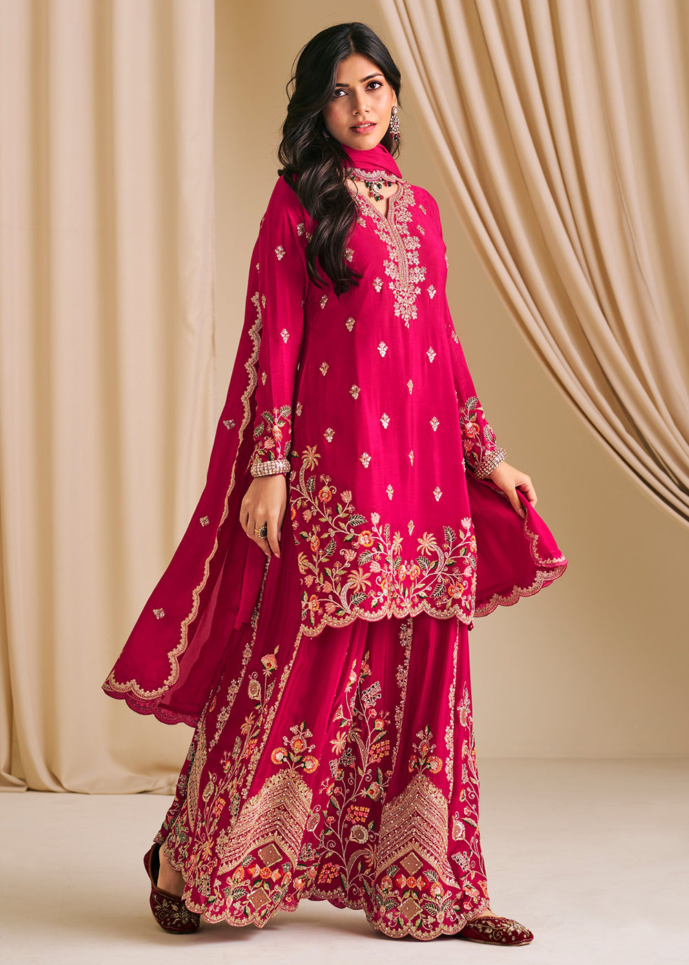 Buy Now Festive Pink Embroidered Flared Palazzo Suit Online in Newark, Yorktown, Toronto, London, Orlando, Munich, Chicago, New York & Worldwide at Empress.