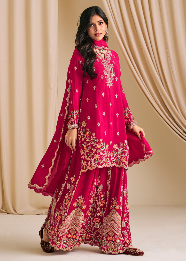 Buy Now Festive Pink Embroidered Flared Palazzo Suit Online in Newark, Yorktown, Toronto, London, Orlando, Munich, Chicago, New York & Worldwide at Empress.
