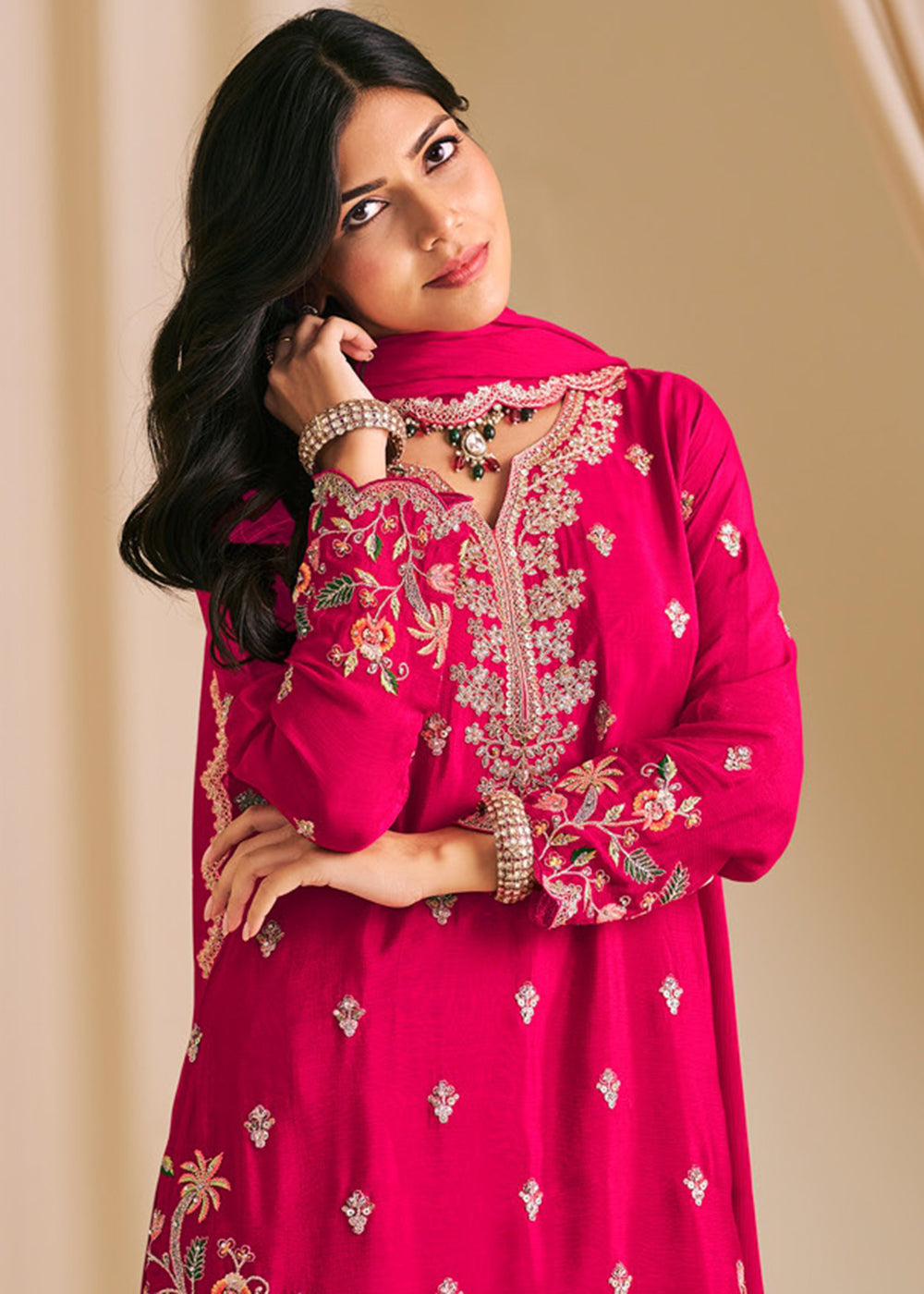 Buy Now Festive Pink Embroidered Flared Palazzo Suit Online in Newark, Yorktown, Toronto, London, Orlando, Munich, Chicago, New York & Worldwide at Empress.