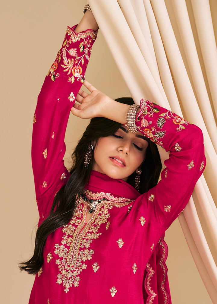 Buy Now Festive Pink Embroidered Flared Palazzo Suit Online in Newark, Yorktown, Toronto, London, Orlando, Munich, Chicago, New York & Worldwide at Empress.
