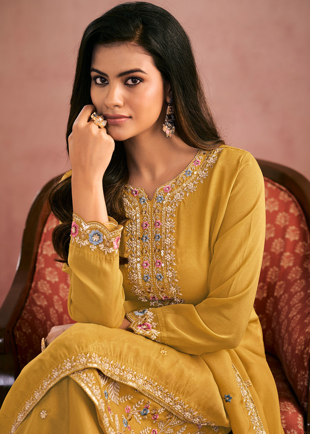 Buy Now Multi Threads & Sequins Yellow Festive Palazzo Suit Online in Newark, Yorktown, Toronto, London, Orlando, Munich, Chicago, Greece & Worldwide at Empress