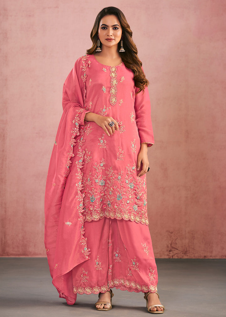 Buy Now Multi Threads & Sequins Pink Festive Palazzo Suit Online in Newark, Yorktown, Toronto, London, Orlando, Munich, Chicago, Greece & Worldwide at Empress.