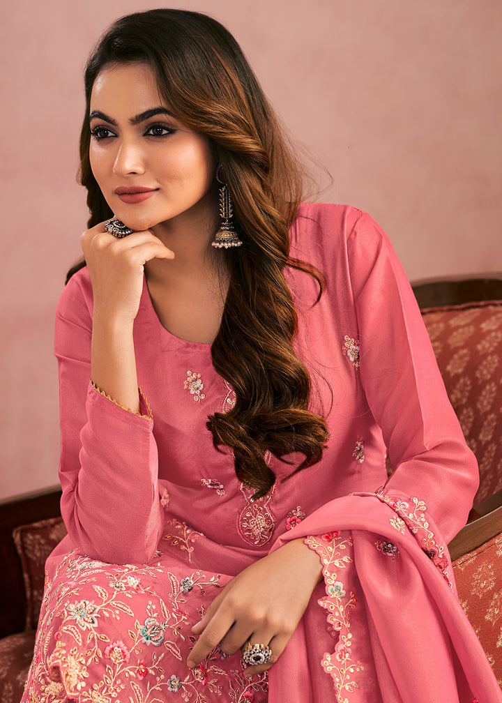 Buy Now Multi Threads & Sequins Pink Festive Palazzo Suit Online in Newark, Yorktown, Toronto, London, Orlando, Munich, Chicago, Greece & Worldwide at Empress.