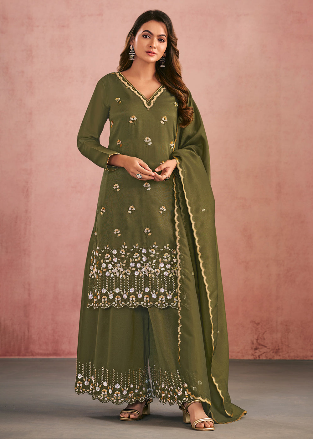 Buy Now Multi Threads & Sequins Green Festive Palazzo Suit Online in Newark, Yorktown, Toronto, London, Orlando, Munich, Chicago, Greece & Worldwide at Empress.