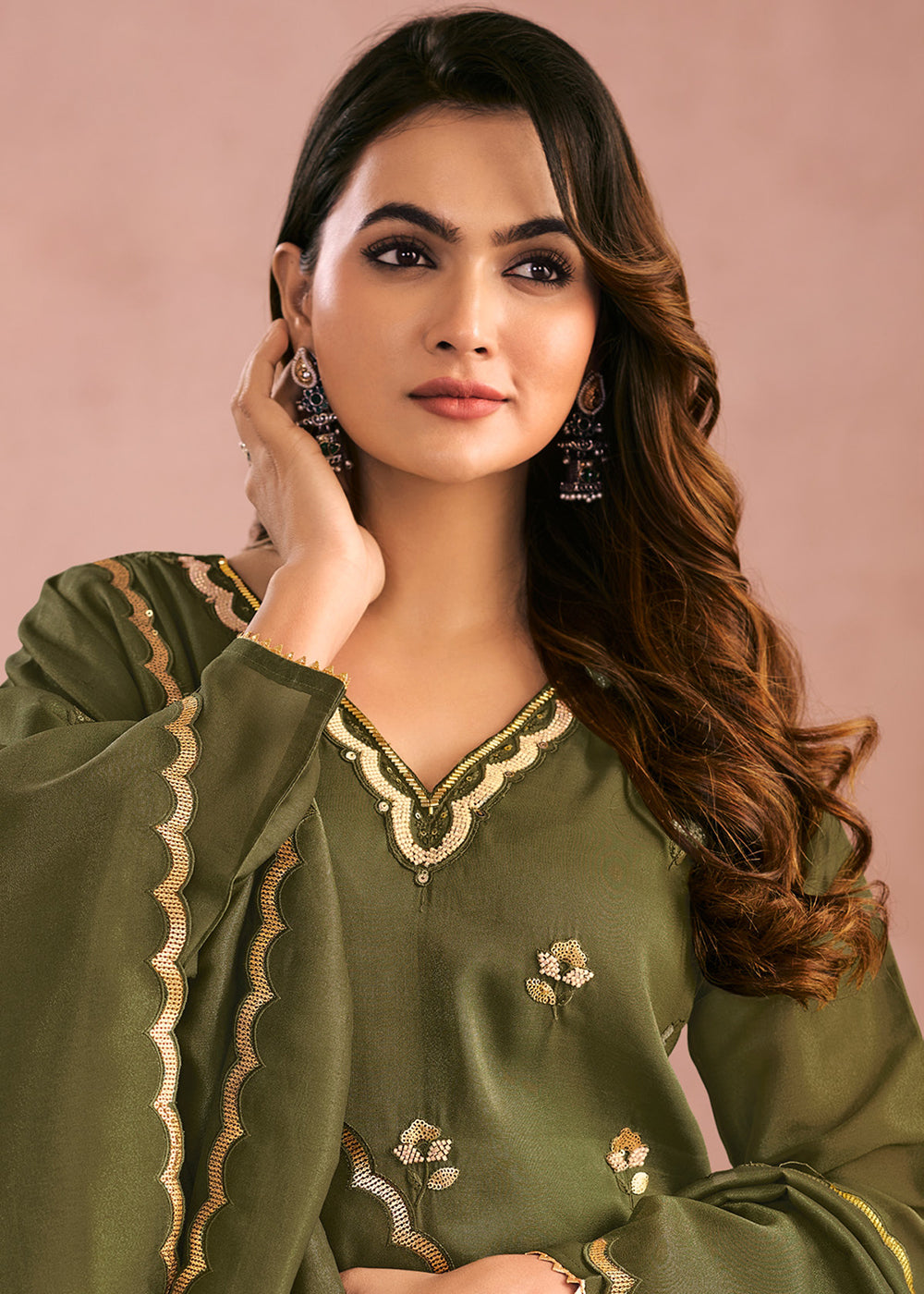 Buy Now Multi Threads & Sequins Green Festive Palazzo Suit Online in Newark, Yorktown, Toronto, London, Orlando, Munich, Chicago, Greece & Worldwide at Empress.