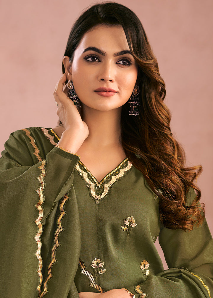 Buy Now Multi Threads & Sequins Green Festive Palazzo Suit Online in Newark, Yorktown, Toronto, London, Orlando, Munich, Chicago, Greece & Worldwide at Empress.