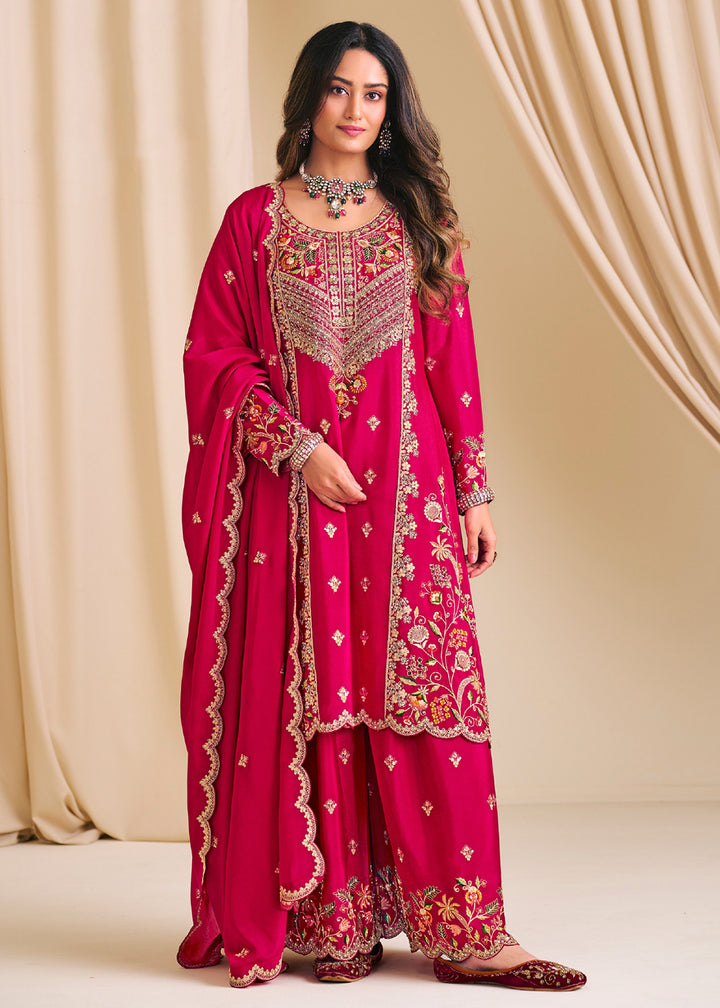 Buy Now Pink Chinnon Silk Festive Flared Palazzo Suit Online in Newark, Yorktown, Toronto, London, Munich, Chicago, Denver, Utah, Paris & Worldwide at Empress.
