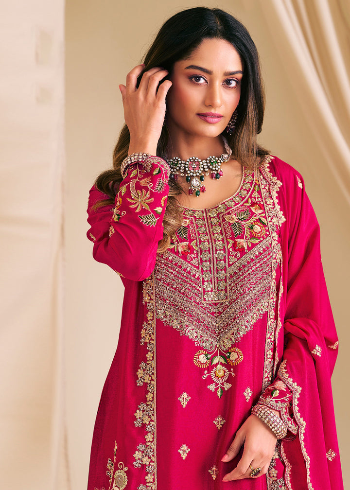 Buy Now Pink Chinnon Silk Festive Flared Palazzo Suit Online in Newark, Yorktown, Toronto, London, Munich, Chicago, Denver, Utah, Paris & Worldwide at Empress.