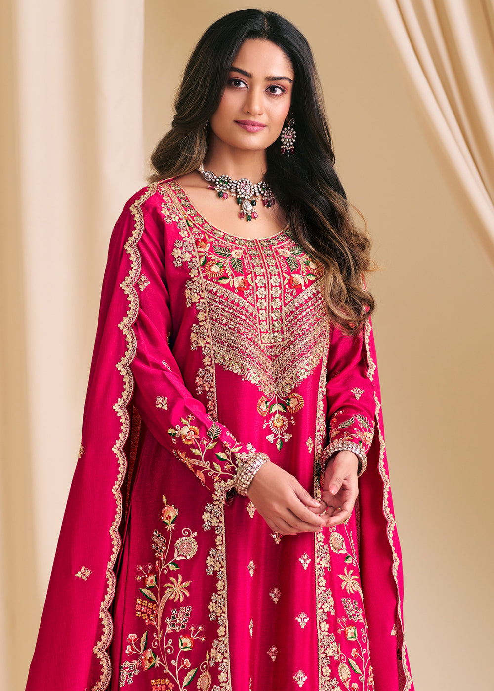 Buy Now Pink Chinnon Silk Festive Flared Palazzo Suit Online in Newark, Yorktown, Toronto, London, Munich, Chicago, Denver, Utah, Paris & Worldwide at Empress.