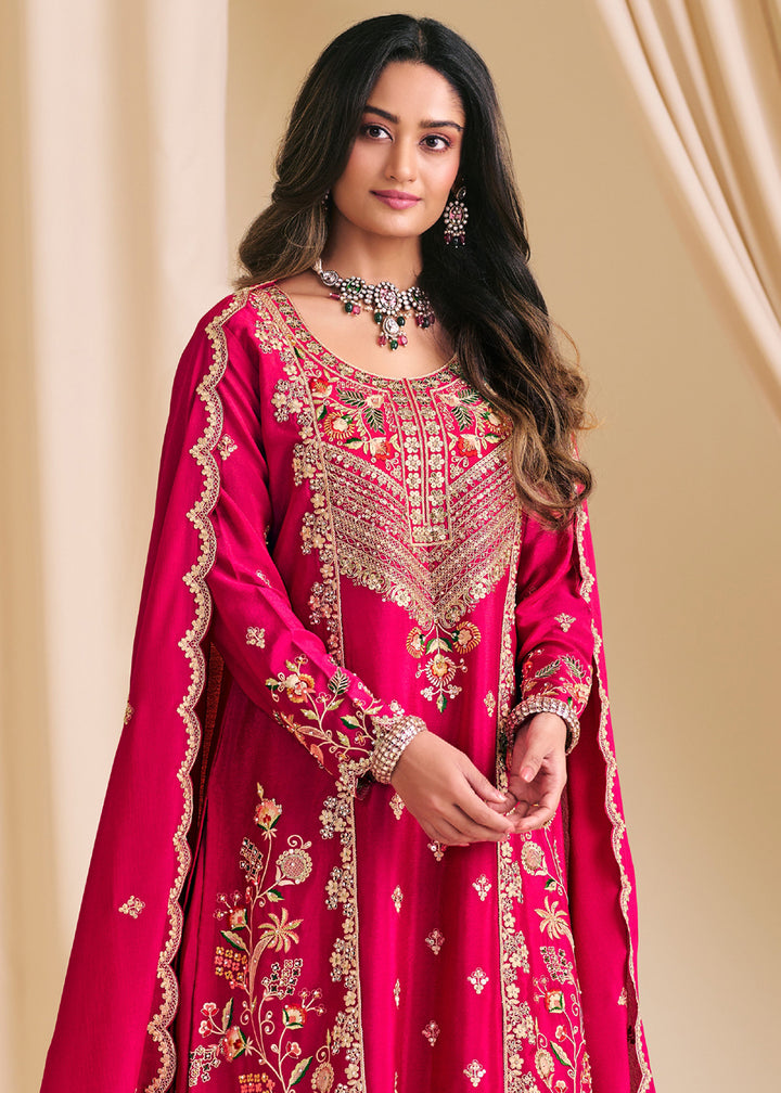 Buy Now Pink Chinnon Silk Festive Flared Palazzo Suit Online in Newark, Yorktown, Toronto, London, Munich, Chicago, Denver, Utah, Paris & Worldwide at Empress.