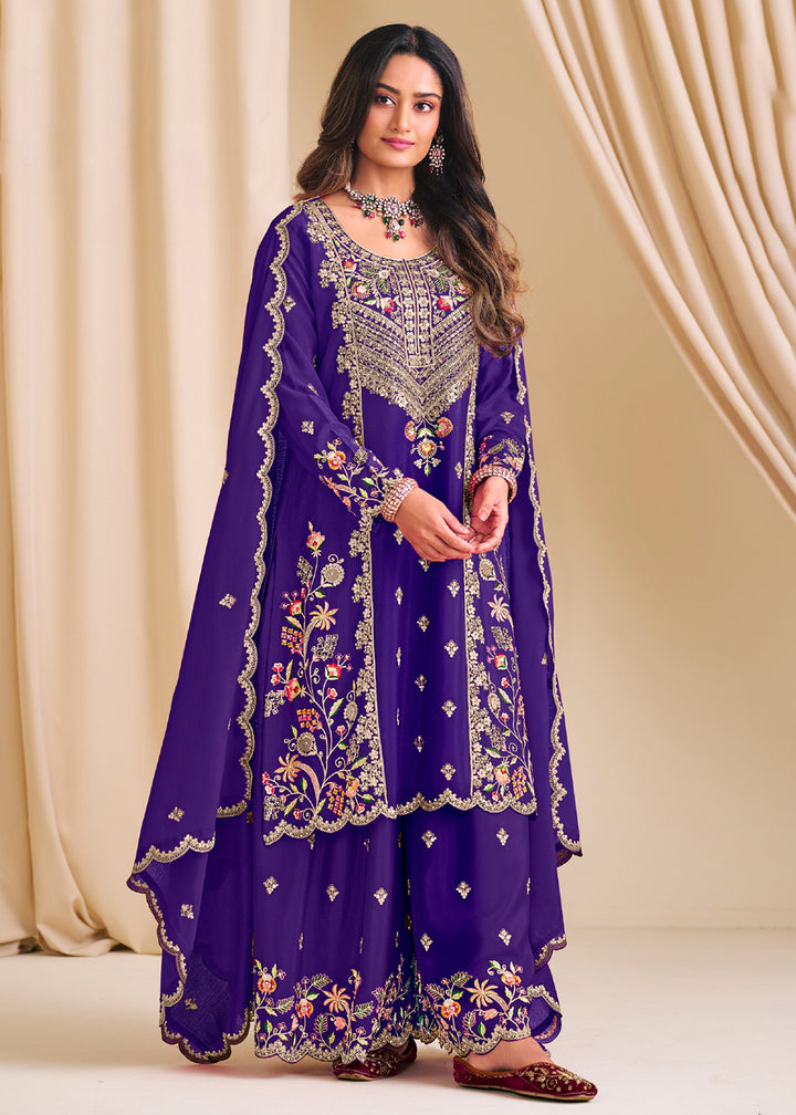 Buy Now Purple Chinnon Silk Festive Flared Palazzo Suit Online in Newark, Yorktown, Toronto, London, Munich, Chicago, Denver, Utah, Paris & Worldwide at Empress.