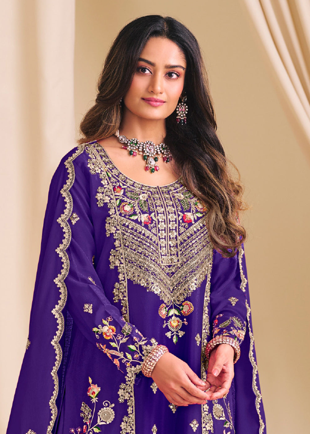 Buy Now Purple Chinnon Silk Festive Flared Palazzo Suit Online in Newark, Yorktown, Toronto, London, Munich, Chicago, Denver, Utah, Paris & Worldwide at Empress.