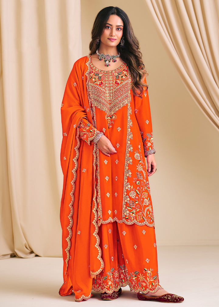 Buy Now Orange Chinnon Silk Festive Flared Palazzo Suit Online in Newark, Yorktown, Toronto, London, Munich, Chicago, Denver, Utah, Paris & Worldwide at Empress