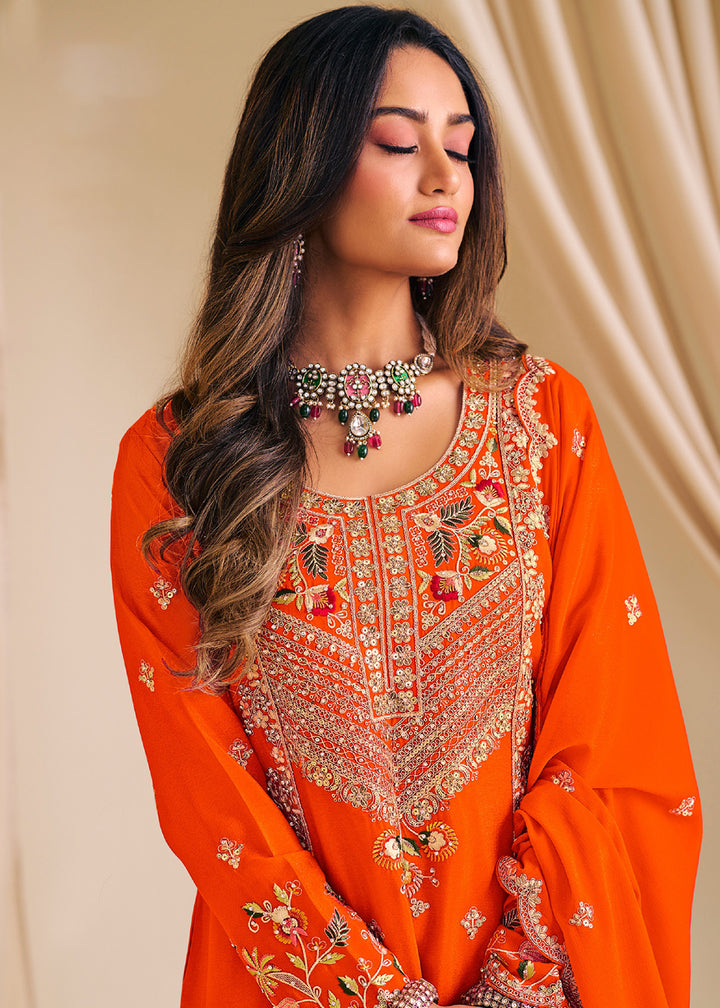 Buy Now Orange Chinnon Silk Festive Flared Palazzo Suit Online in Newark, Yorktown, Toronto, London, Munich, Chicago, Denver, Utah, Paris & Worldwide at Empress